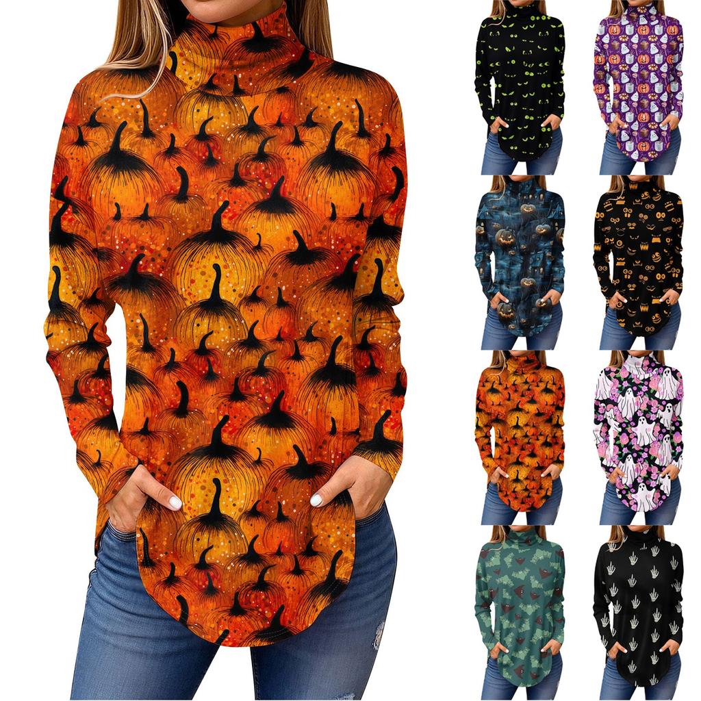 Tee Shirts For Women Fall Casual Long Sleeve Shirts Sweatshirt Vintage Printed High Neck Top Pullover