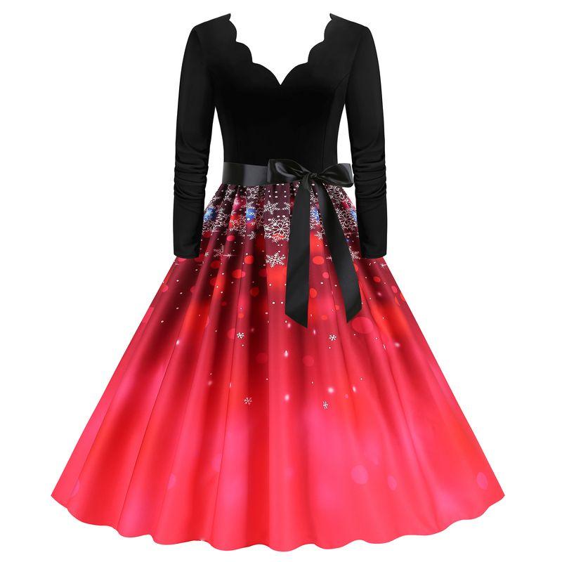 European and American Retro Autumn Burning Flowers V-neck Slim Fit A Word Snowflake Elk Christmas Mid-Length Long Sleeve Dress Formal Dress
