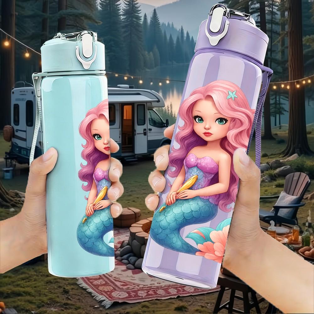 1pz Sirena Oceano Cartone Animato Arte 750ml Colore Plastica Borraccia Sportiva Tappo a Vite con Cannuccia Anti-perdita Adatta per Sport Ufficio Uso Domestico