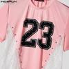 INCERUN Men O Neck Short Sleeve Letter Print Lace Patchwork Irregular Tops T-shirts