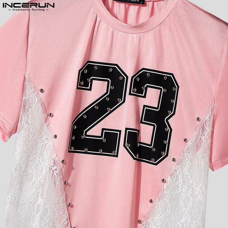 INCERUN Men O Neck Short Sleeve Letter Print Lace Patchwork Irregular Tops T-shirts