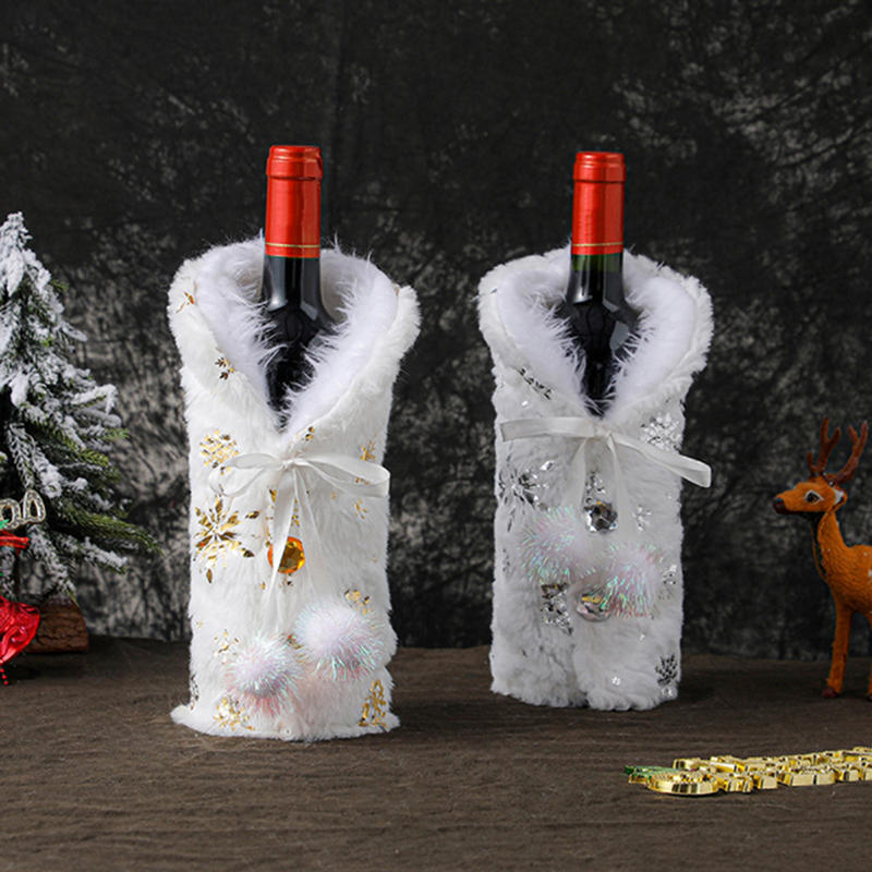 Christmas Wine Bottle Decoration Plush Snowflake Wine Bottle Covers Red Clothes Dress Gold Snowflake Set New-Year Table Decor