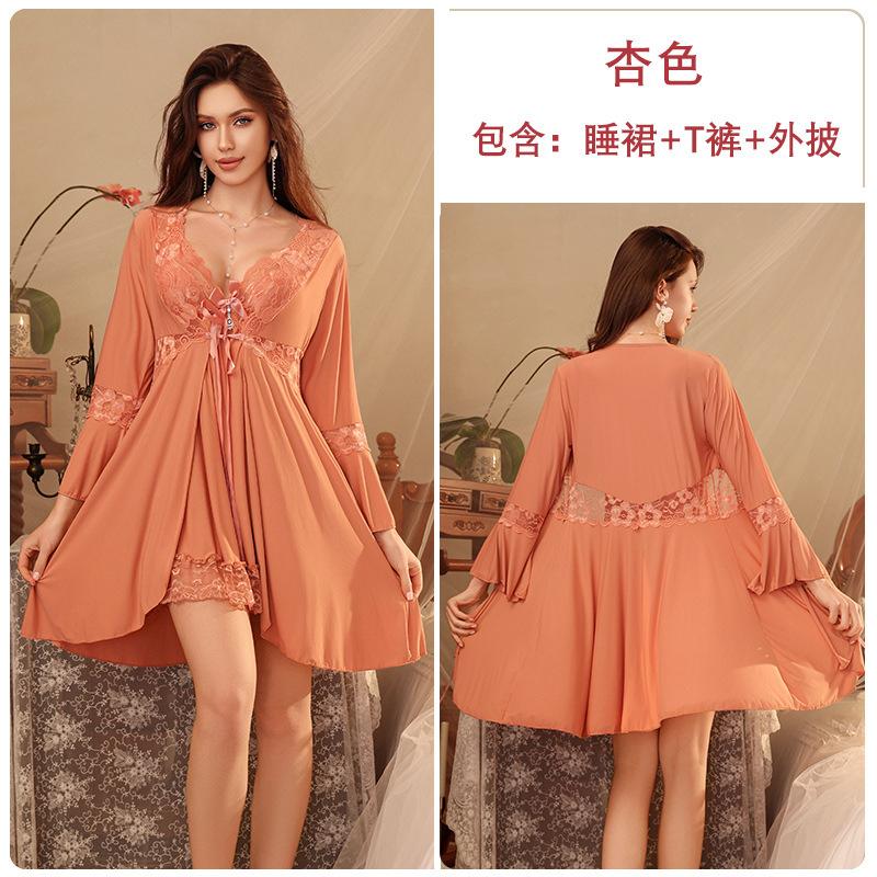 Spring and summer pajamas women with chest pads, suspenders, pajamas, pure desire wind long-sleeved pajamas, three-piece loungewear