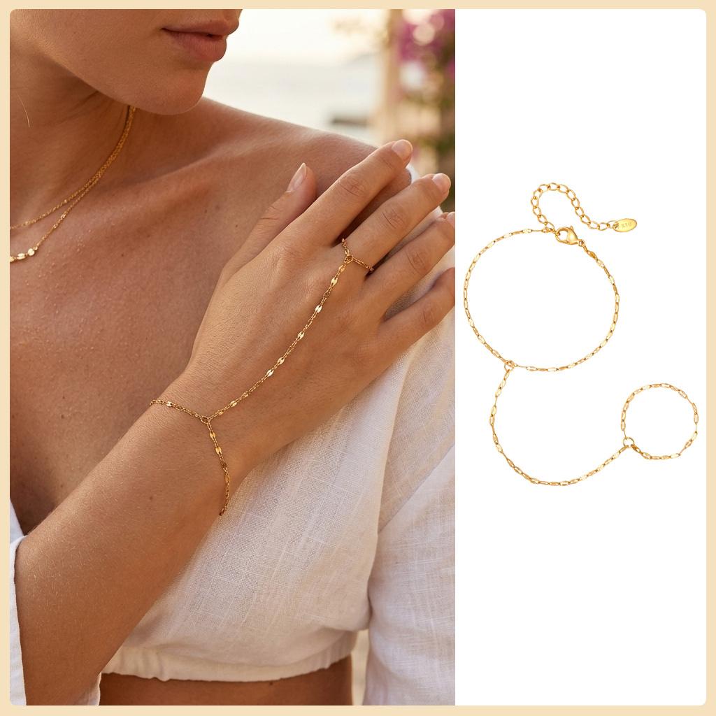 Bracciale Anello a Catena a Mano in Acciaio Inossidabile per Donna, Braccialetti Dita a Doppio Strato Placcati Oro Regolabili, Gioielli per Feste Estive