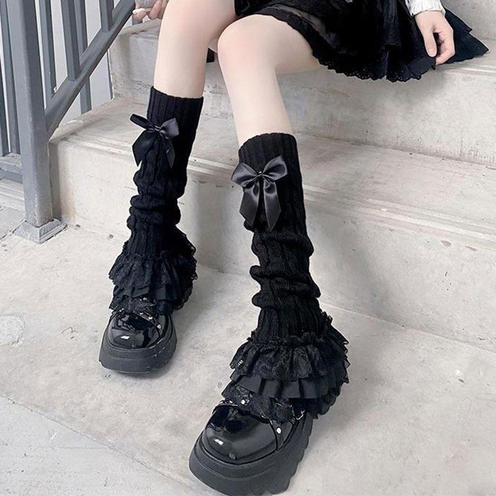 Lace Trim Knitted Leg Warmer Warm Knitted Fabric Bow Tiered Socks Japanese Style