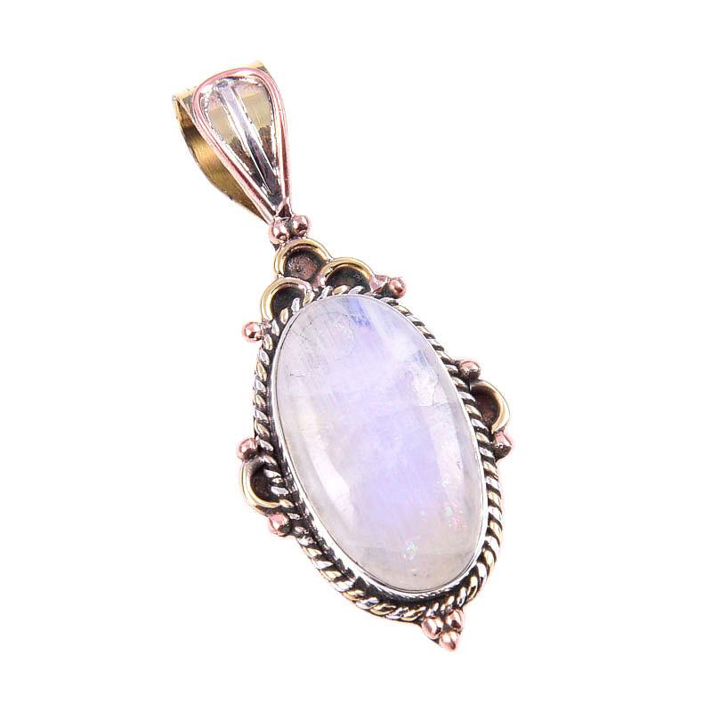 Natural Rainbow Moonstone Gemstone 925 Solid Silver Two Tone Pendant 1.50" Z7E26