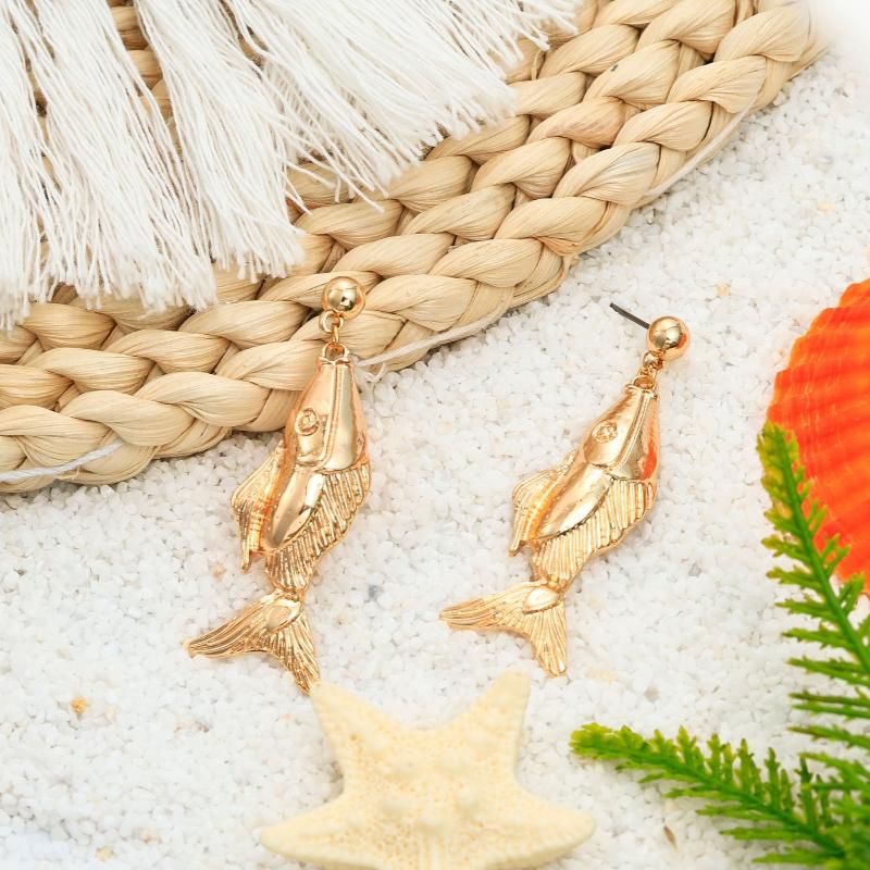 Titanium Steel Small Fish Earrings, Retro Artistic Style Long Earrings, Stainless Steel Gold-Plated Color Preserving Jewelry