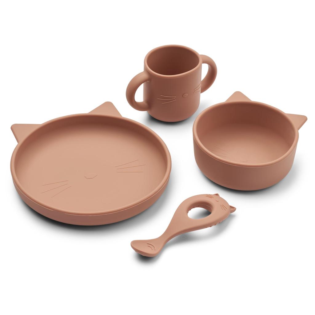 Liewood Baby Tableware Set Silicone Set Baby Plate Bowl Cup Spoon LIEWOOD Vivi Vivi Silicone Set Cat Dark Rose [LIEWOOD Official] 4-piece