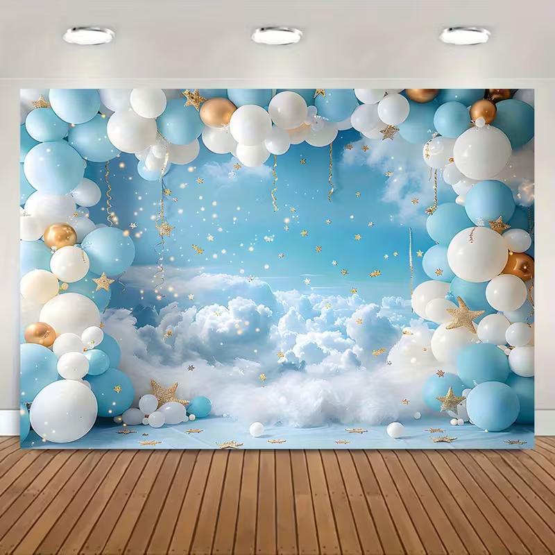 2D Witte Wolkenlucht Achtergrond, Blauw Wit Goud Ballon Baby Banner