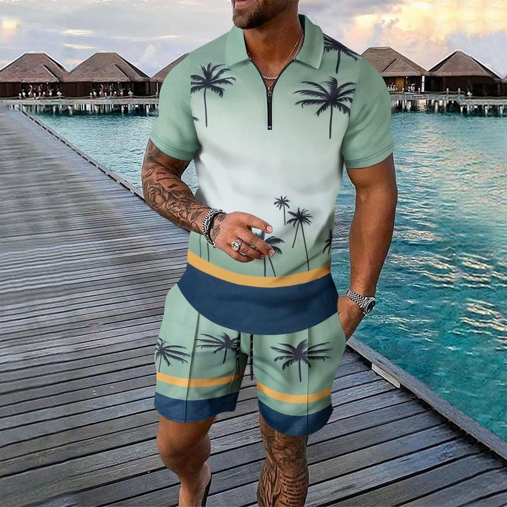 Men's Summer Printed Zipper Lapel Short Sleeve Top Shorts Suit Men's Casual Sports Suit