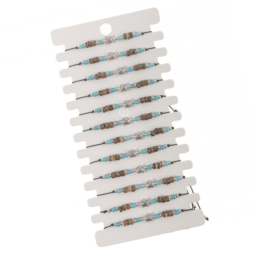 Pack of 12 Handmade Turtle Theme Adjustable Braided Bracelets with Alloy Turquoise Crystal Wood Beads for Women and Men