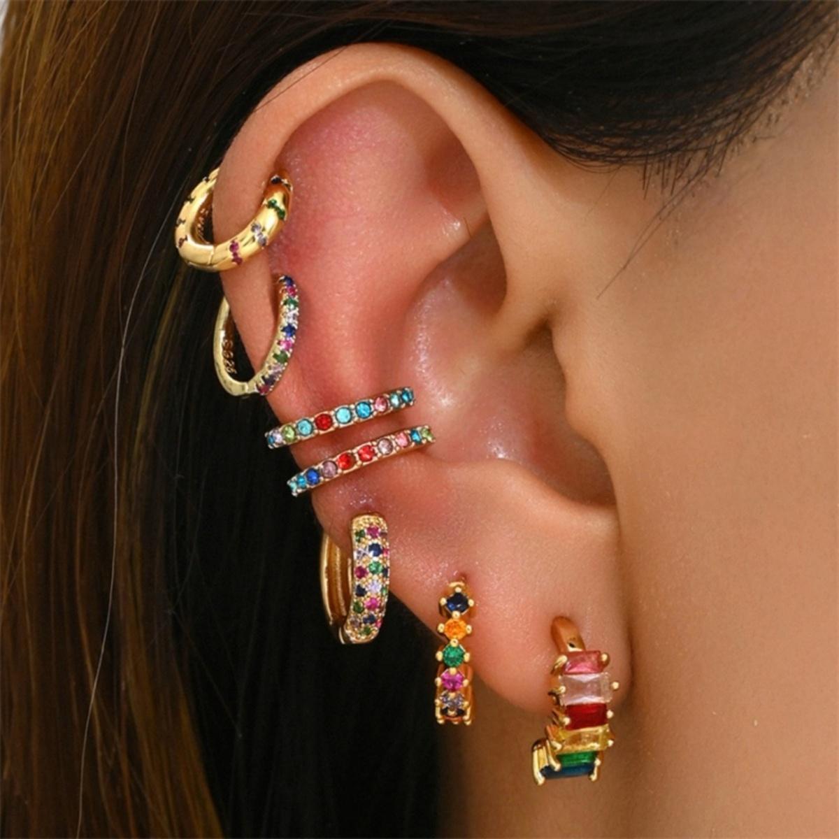 

Luxury Inlaid Colorful Zircon Geometric Circle Buckle Stud Earrings Set For Women Men Fashion Round Daily Wear Earring Jewelry
