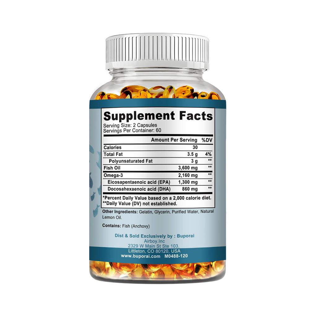 Omega 3 Fish Oil Capsules, Containing 3600 Mg, Are Rich In DHA and EPA, Beneficial for Cardiovascular Health and Immunity.