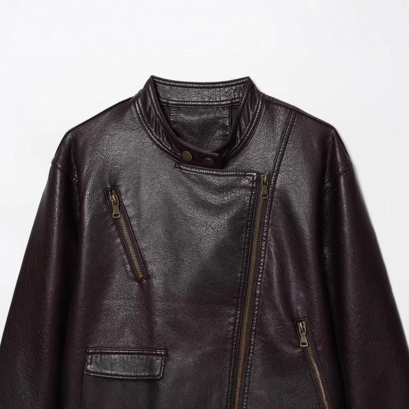 Womens PU Leather Jacket Slant Zip Loose Fit Square Collar Faux Fur Trim Winter Casual