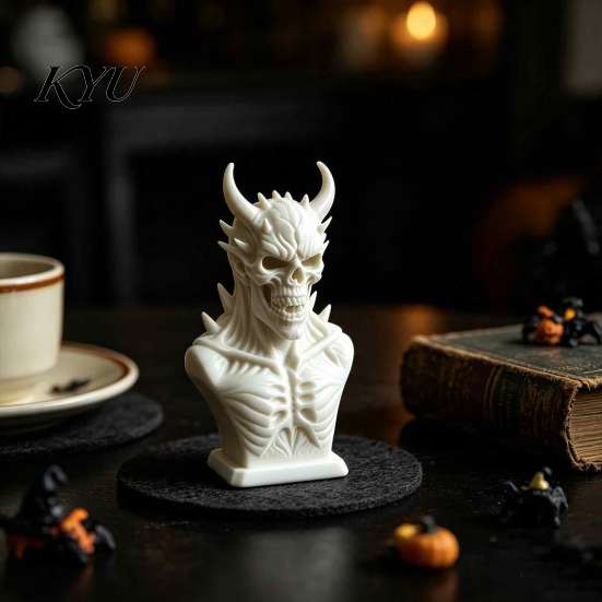 Detailed Demon Bust 3D Printed Skull Statue, Gothic Horned Skeleton Personalized Gift for Him Figurine, Mini Desktop Ornament Halloween Home