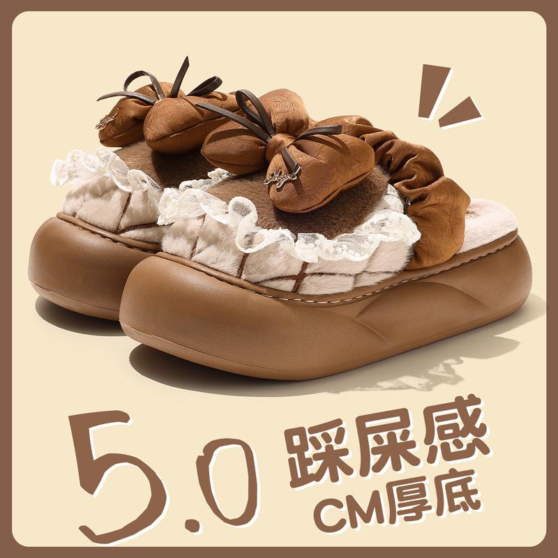 Bow cotton slippers are cute in winter, home use thick bottom to keep warm, and non-slip plush cotton for winter wear.
