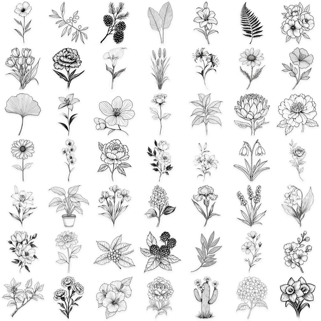 50 Black and White Plant Stickers Package Waterproof Transparent PET Hand Account Flower Material Decorative Guitar Notebook