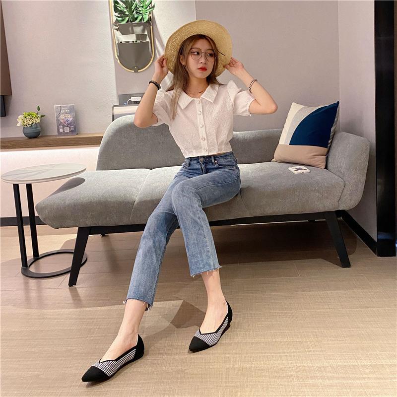 New thousand bird grid woven super soft pointed shallow mouth women's single knitted shoes flat Doudou shoes