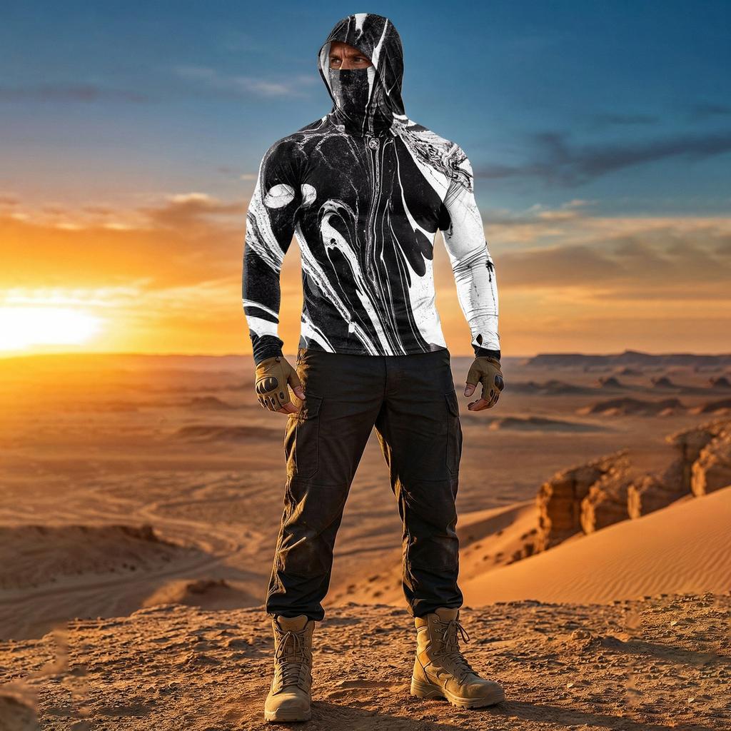 Men's Casual Raglan Hoodie Long Sleeve Sun Protection Shirt UPF 100+ Lightweight Breathable Quick Dry Outdoor Top with Textured Print