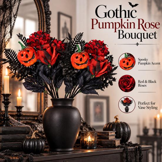 Decorative Silk Flowers for Showcases Halloween Artificial Flower Bouquet, Eucalyptus Floral Stems with Pumpkin Skull, Fake Reusable Dark Theme Party