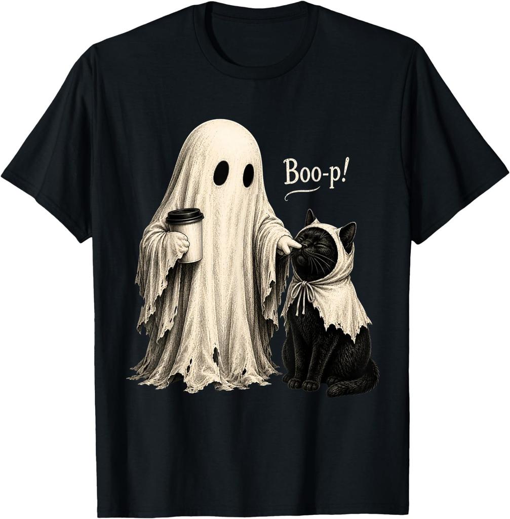 Vintage Ghost Boo-p! to a Black cat Coffee Halloween Girls T-Shirt