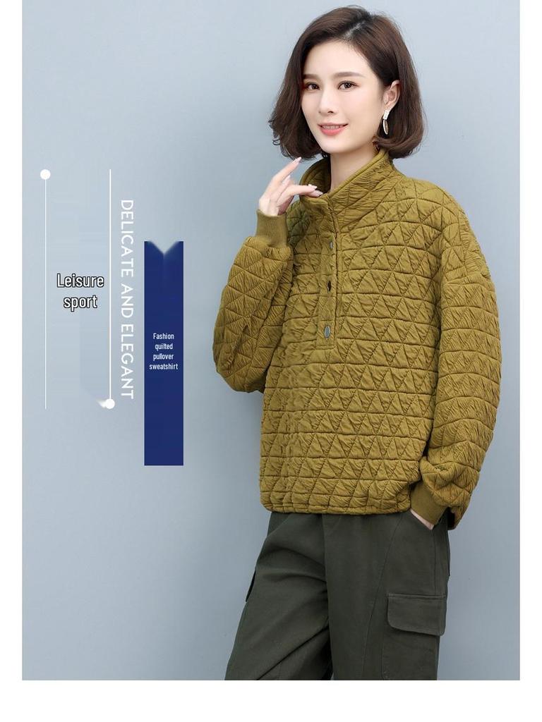 Women's 2024 Autumn/Winter Quilted Sweatshirt - Loose Casual Pullover for Middle-Aged Fashion