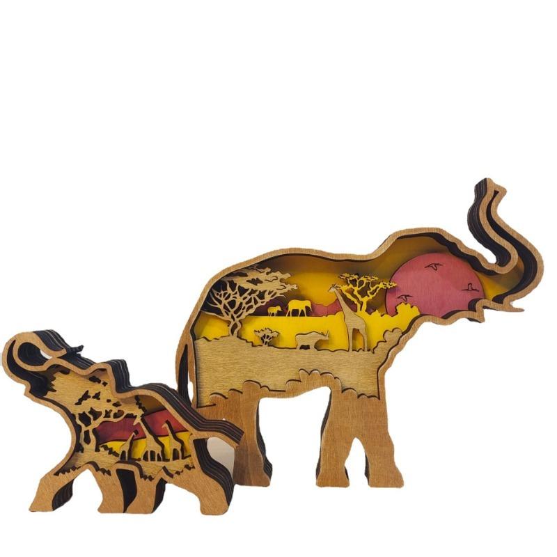 Wooden Elephant Sculpture Carved Mother Baby Elephant Tabletop Decor Creative Home Gift with Natural Wood Craft for Desk