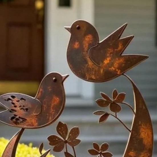 Vogel Wildblume Metall Gartenstecker Dekorativer Außenpflanzenstecker Rustikales Gartendekoration mit Vogel-Blumendesign für Hof Rasen Pflanzgefäße Dekoration