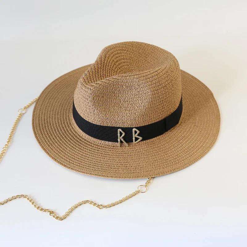 Handmade Diy Metal Rb Letter Chain Jazz Straw Hats For Women Men Upf50+ Fashion Panama Hat Summer Outdoor Holidays Beach Sun Hat