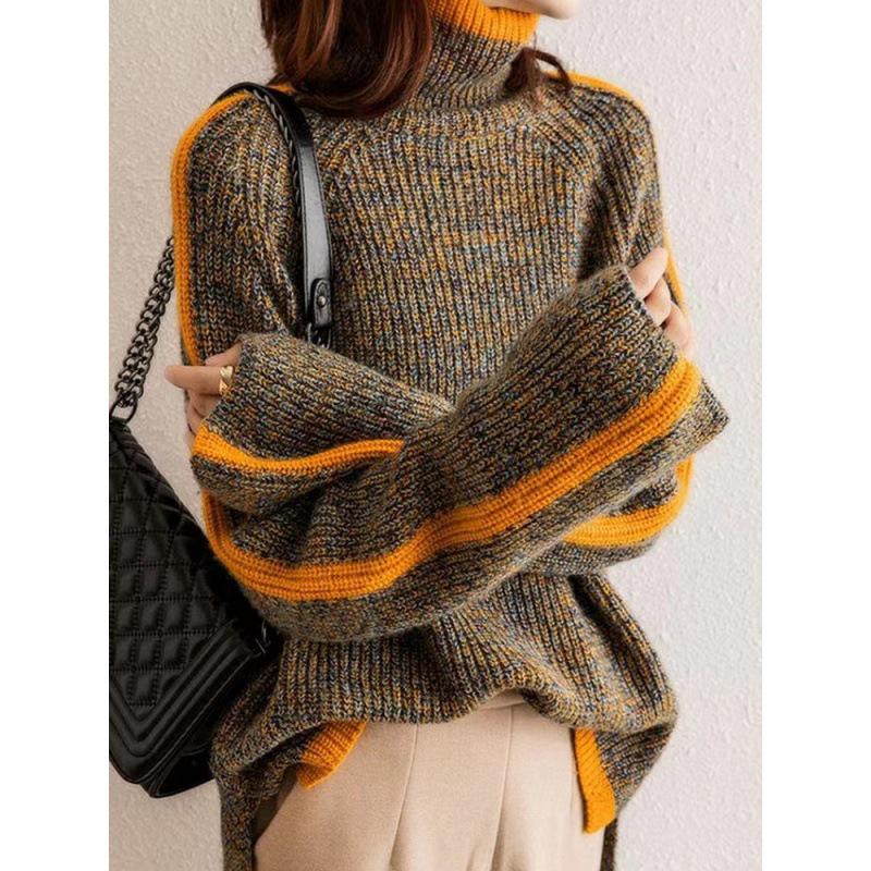 Women's Retro High-Neck Color-Block Knit Sweater - Thickened for Autumn/Winter, Loose Fit, Japanese Style