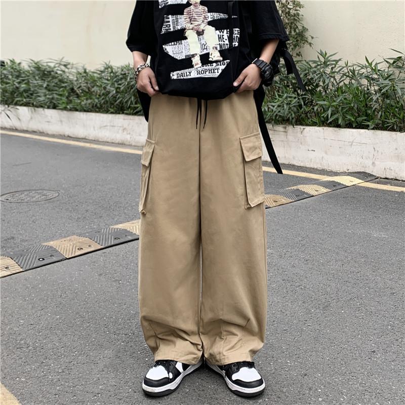 Men Elastic Drawstring Waist Multi Cargo Pocket Wide Leg Loose Casual Work Pants S
