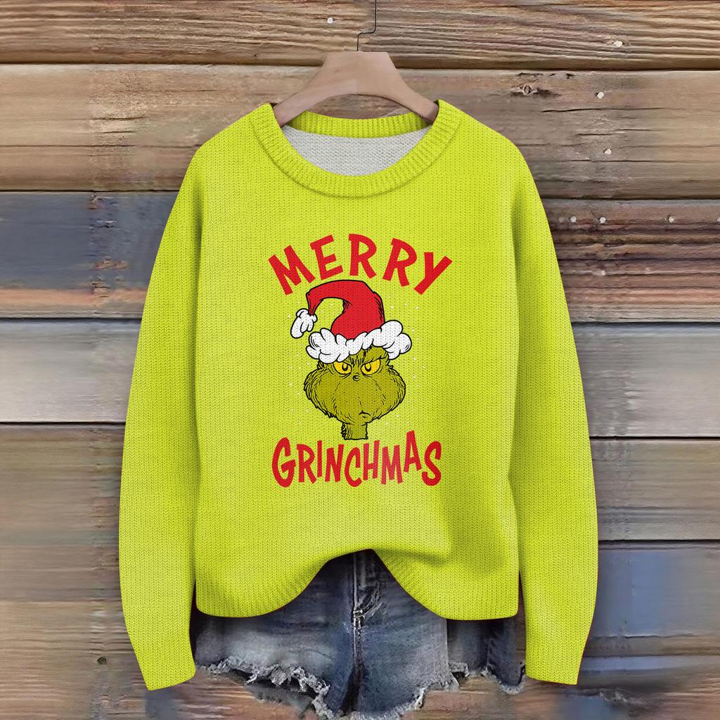 Women's Christmas Print Cardigan Long Sleeve Round Neck Knit Top