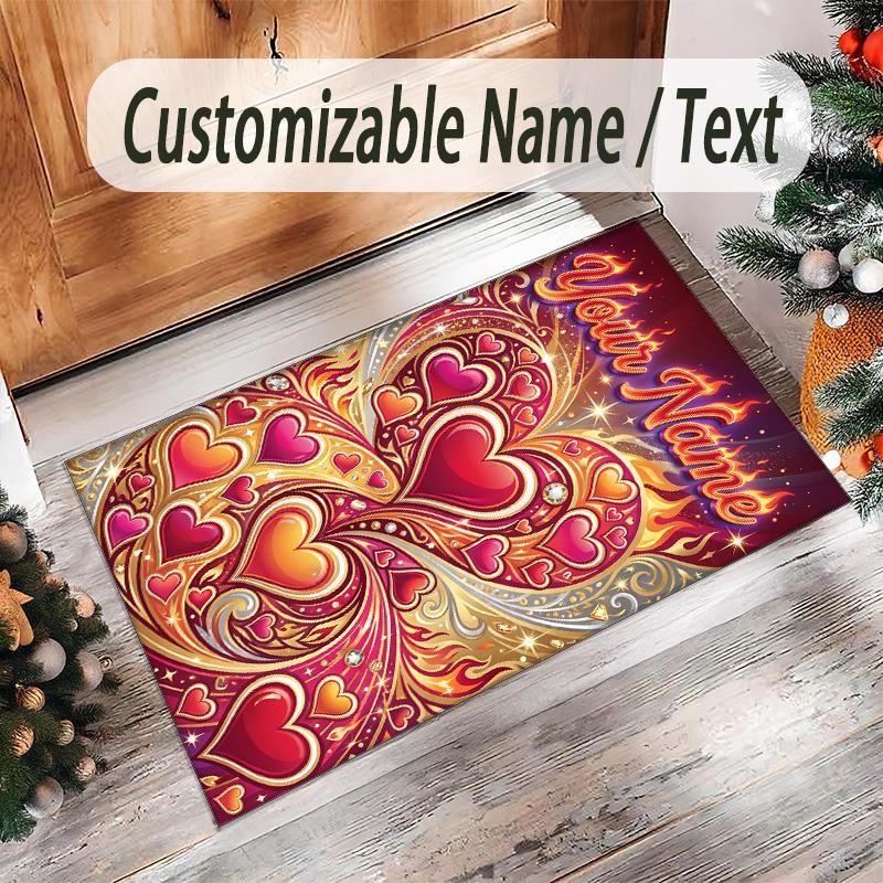 Hearts Theme Crystal Velvet Floor Rug Personalized Custom Name Text Warm Carpet Home Decoration
