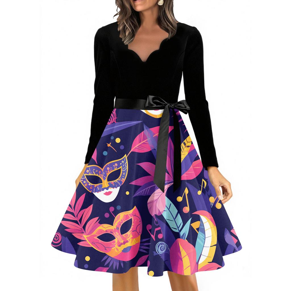 Women's Casual Fashion V Neck Long Sleeve Printed Vintage Long Dress
