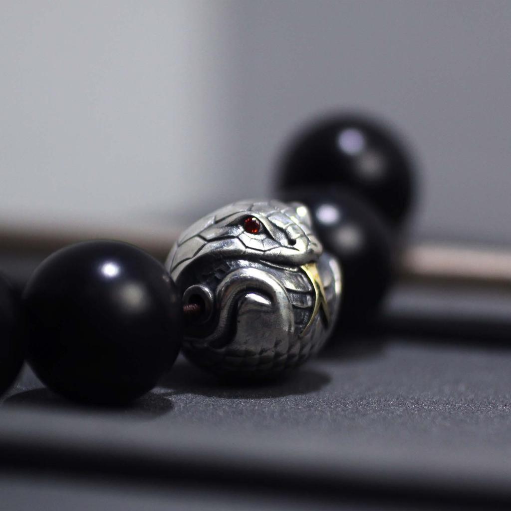 Silver Retro Snake Bead Bracelet with Vajra, Moon, Monkey Head, Round Beads for Men's Handmade Accessories