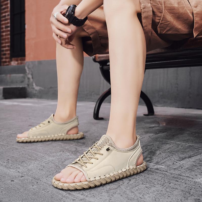Summer Flat Designer Peep Toe Sandal Outdoor Men Anti Slip Casual Leather Beach Shoe Breathable Half Drag Hand-stitching Slipper