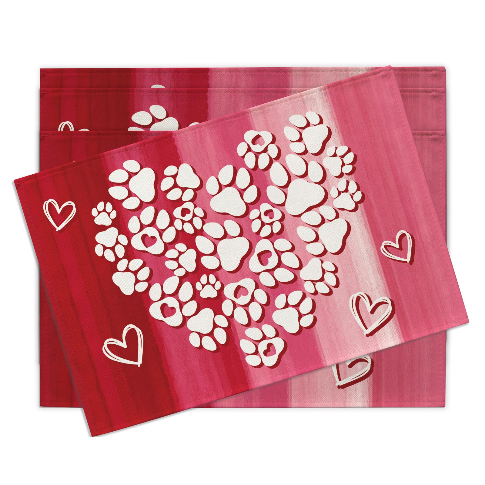 

Valentines Day Dog Cat Paw Prints Placemats Set of 4, Pink Red Love Heart Dining Place Mats Table Decor 4Pcs-12 X18