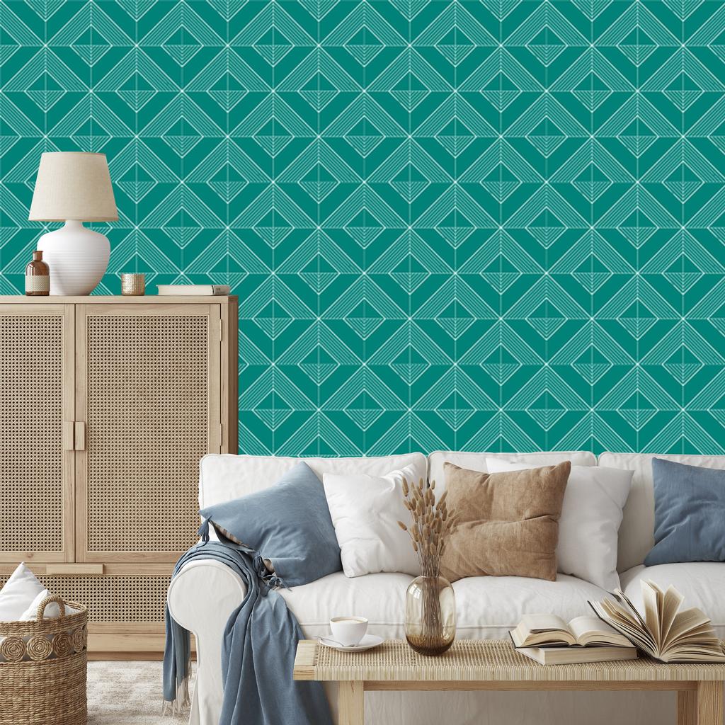 Geometric Rhombus Wallpaper In Turquoise and Sea Blue for the Living Room and Bedroom 50x1000