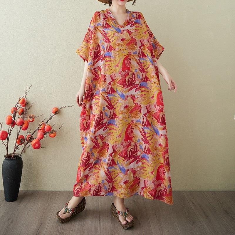 Short Sleeve Plus Size Cotton Vintage Floral New In Dresses for Women Casual Loose Maxi Long Summer Dress