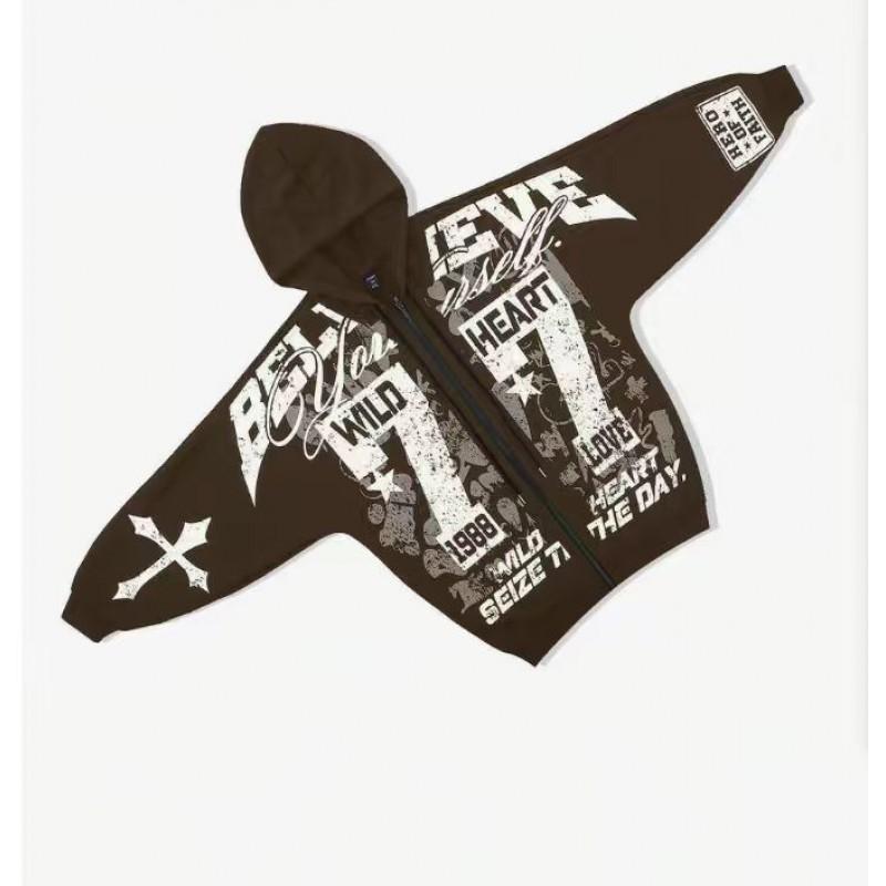 Oversized Hooded Zip-Up Sweatshirt With 3D Cross Letter Print Streetwear Unisex Casual Top