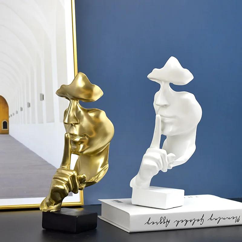Home Decor Thinker Statue Sculpture Silence Is Gold Figurines Resin Retro For Office Study Living Room Abstract Face Ornaments