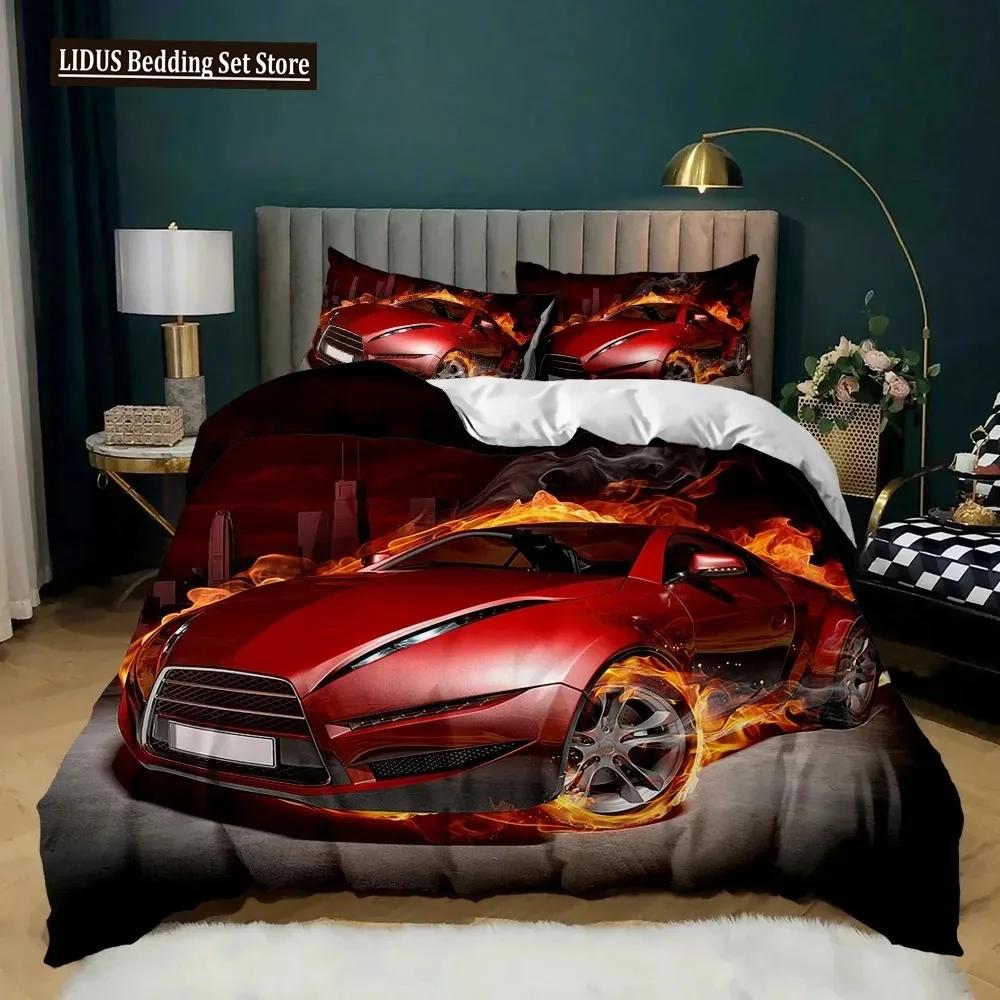 Racerbil Påslakanset King Queen Twin Storlek Röd Flamma Täcke Överdrag 3D Sportbilstema För Pojkar Flicka Polyester Sängkläder Set
