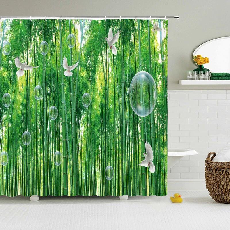 Green Plant Leaves Shower Curtains Bath Curtain Bathroom 3d Printed Fresh Waterproof Polyester Cloth With Hooks Home Decor Mat