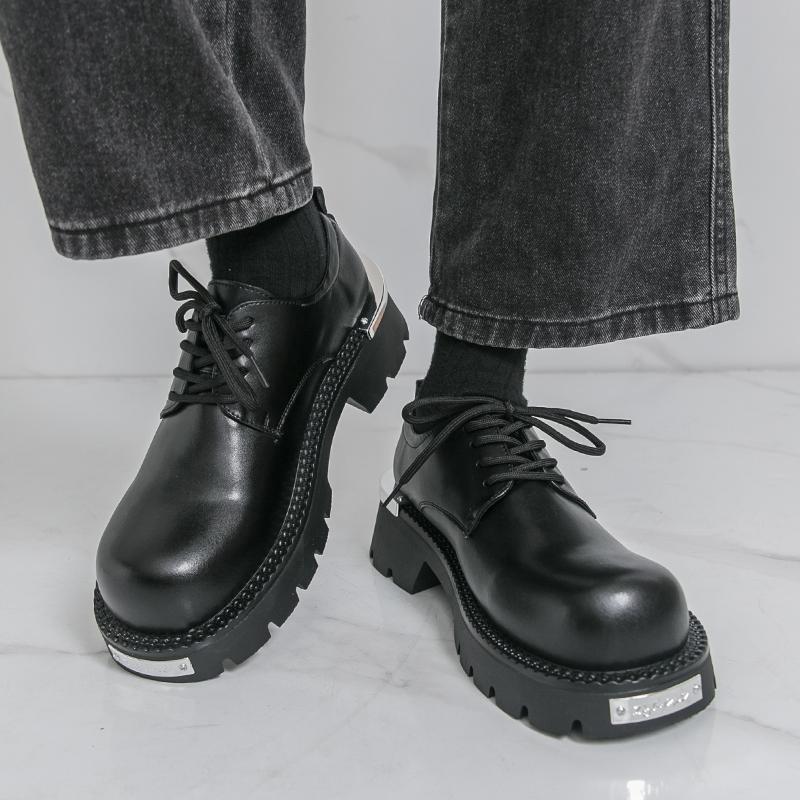 Men'S Casual Leather Shoes Big Head Derby Thick Bottom Heightening British Style Work Shoes Anti-Slip Rubber Sole Zapatillas