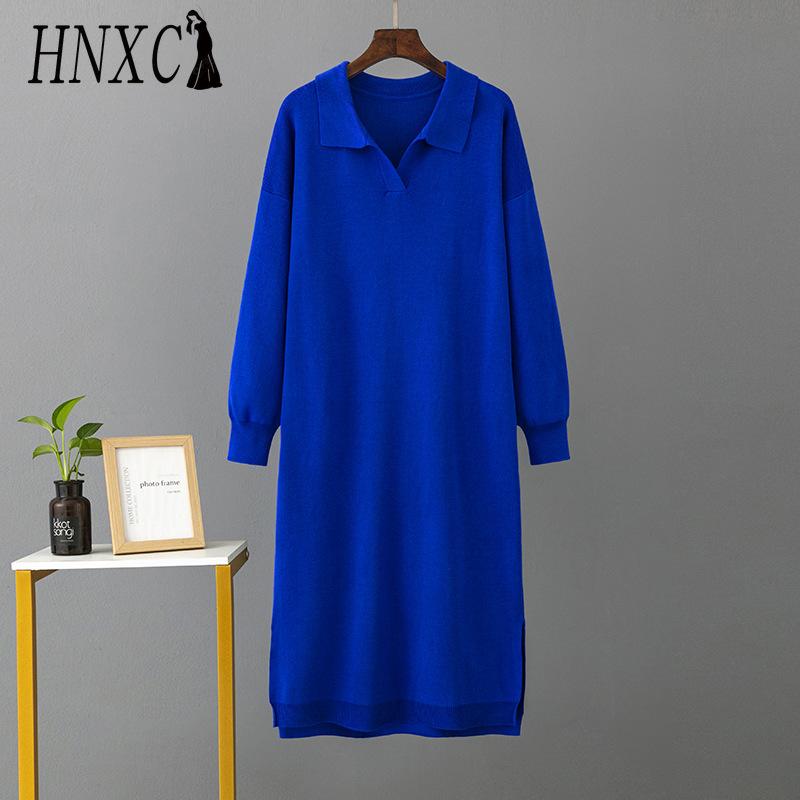 HNXC Rochii de toamnă-iarnă tricotate largi pentru femei, cu guler polo de culoare solidă, cu căptușeală