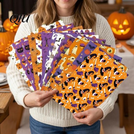 Halloween Collage Paper 12 Sheets Scrapbook Set, 6x6in Double-Sided Craft Paper, Pumpkin Ghost Bat Pattern Decorative for Journal, Card Making,