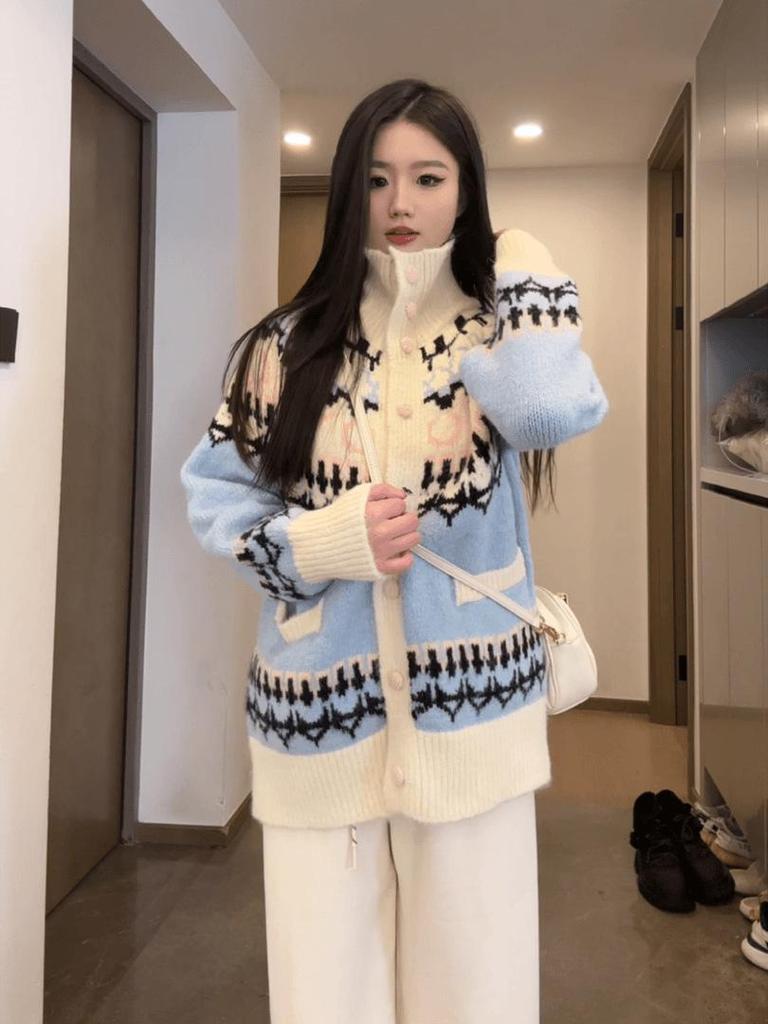 2024 Women's Fair Isle Jacquard Cardigan: Cozy Turn-Down Collar, Loose Fit for Autumn/Winter