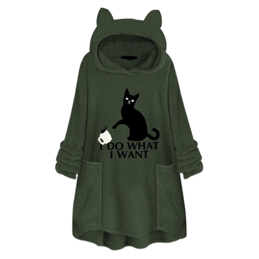 Women Fleece Embroidery Cat Ear Plus Size Hoodie Pocket Top Sweater Blouse