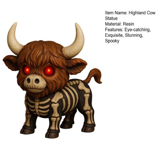 Fall Skeleton Highland Cow Spooky Highland Cow Figurine with Glowing Red Eyes Halloween Tabletop Resin Statue for Home Garden Office Table Decor
