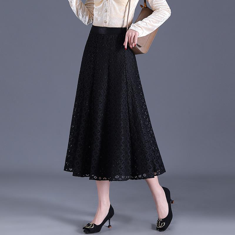 Hollow skirt women's 2025 summer new high-waisted and thin A-shaped tutu skirt lace skirt big swing medium and long skirt
